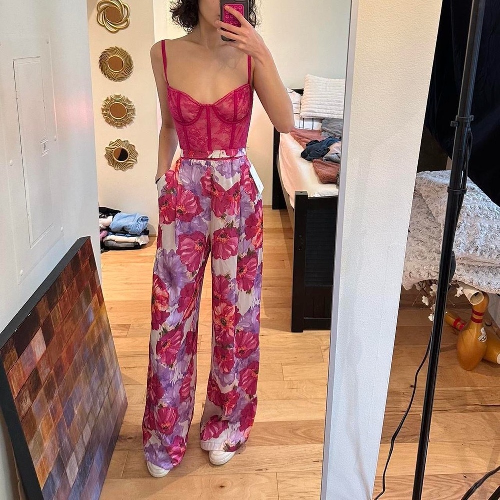 Free People Pink and Purple Floral Wide Leg Pants